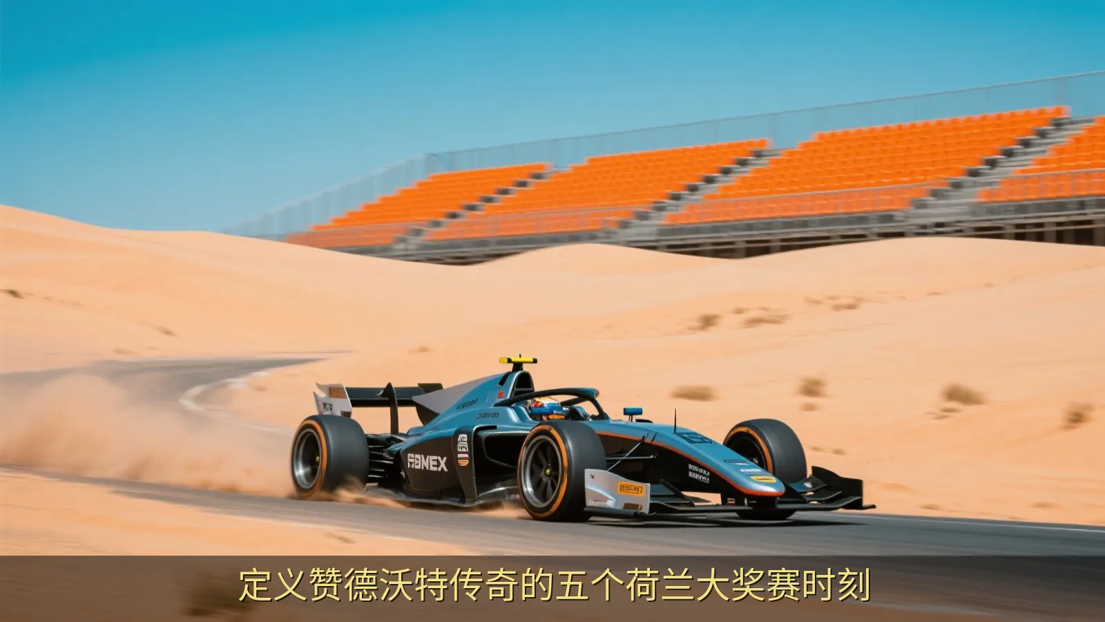 现代方程式赛车在看台与沙丘之间的赛道上飞驰